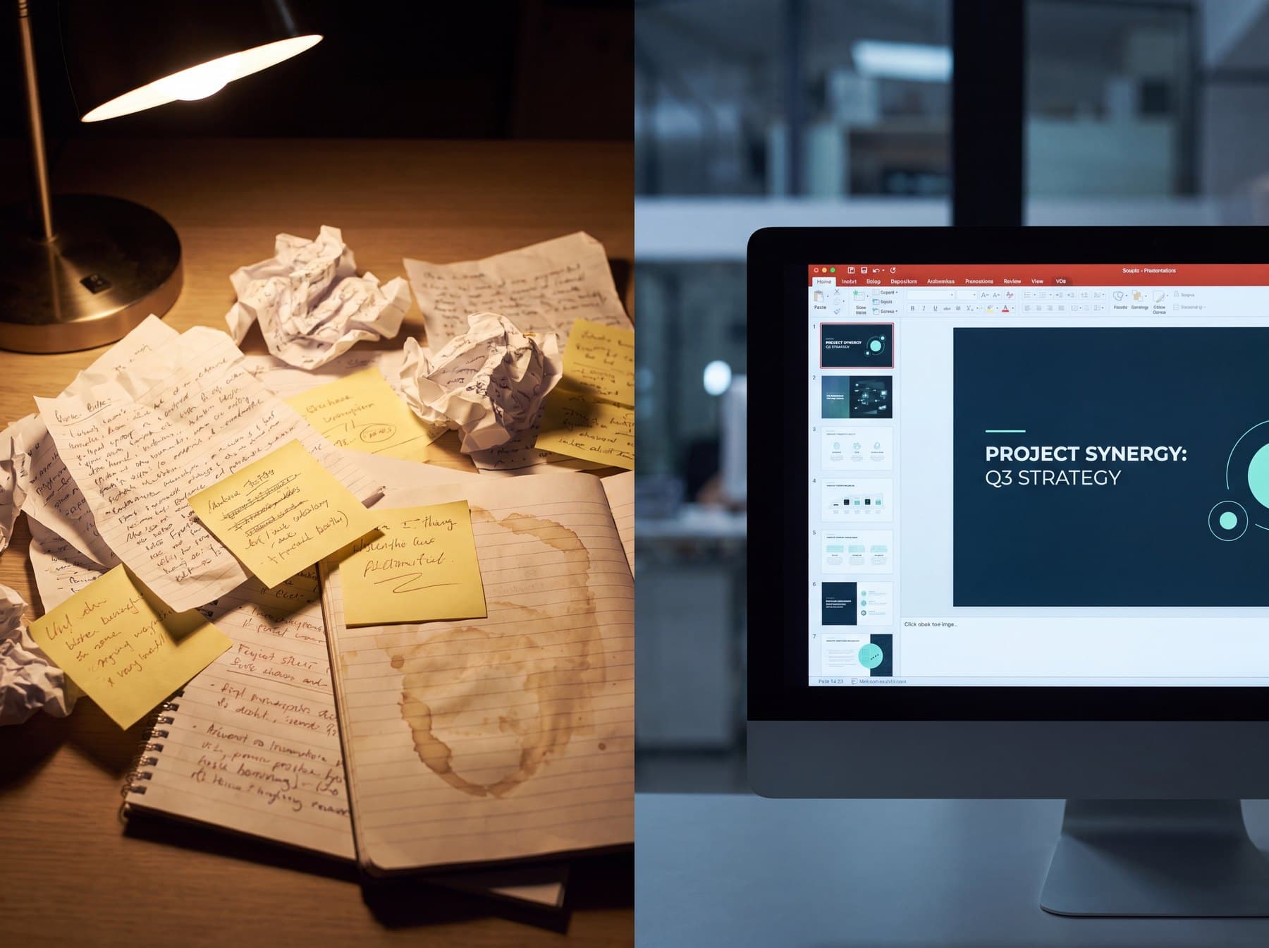 PPTX, PDF, or a shareable link. All in one click.